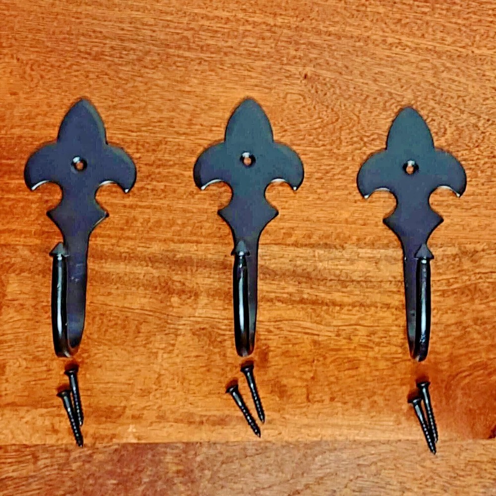 3 Hand Forged Cast‎ Iron Rustic Fleur De Lis Coat Hat Rack Towel Hooks